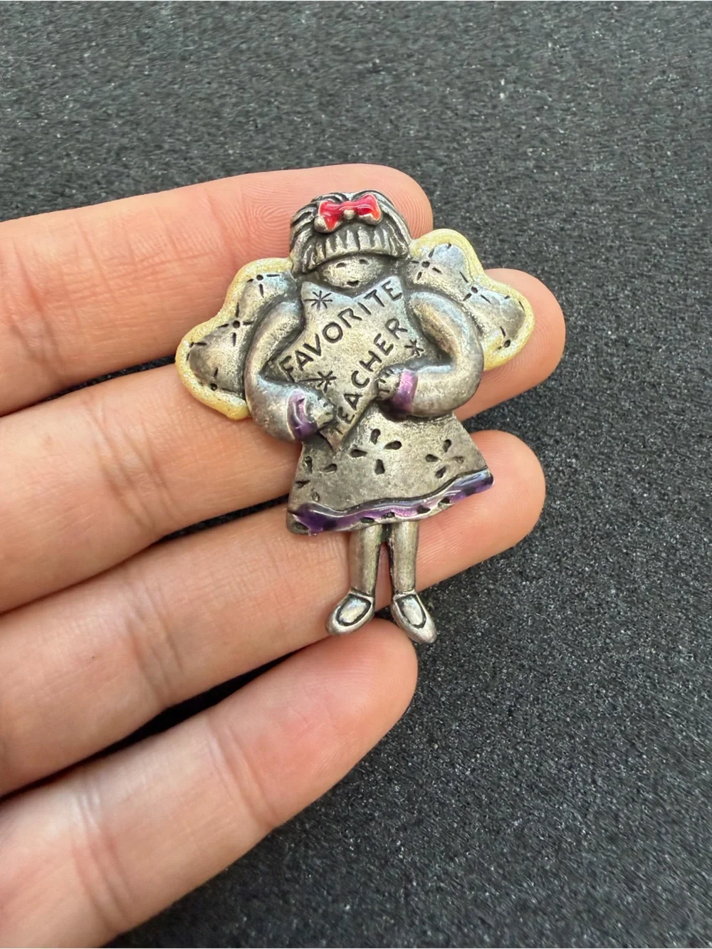 Vintage Tonya Creations Favorite Teacher Dangle Legs Angel Pewter Brooch Pin